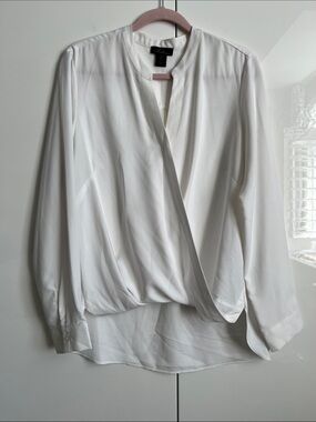White Draped V-Neck Long-Sleeve Blouse, Size L